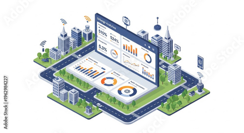 Isometric City Data Analytics Dashboard Visualization for Smart Urban Planning.