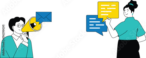 Two professionals communicating through megaphone email and speech bubble conversation icons