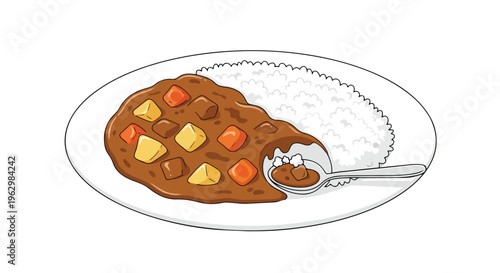Hearty Japanese curry rice illustration with vibrant vegetables and savory sauce served on a clean white plate with a spoon