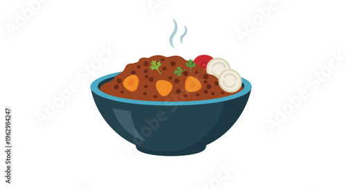 A steaming bowl of flavorful hot stew featuring wholesome lentils savory vegetables and aromatic herbs presented in a modern blue ceramic dish for