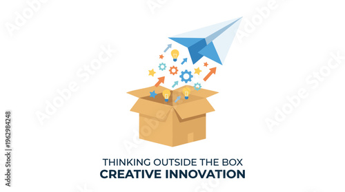 Paper Airplane Box Flying Ideas Arrows Thinking Outside Box Creative Innovation Flat Design Colorful Vector Graphic