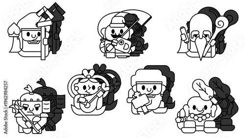 七福神の白黒シルエット・アイコンセット 縁起物のキャラクター素材