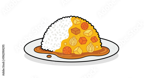 A vibrant, stylized illustration of a delicious, steaming plate of white rice generously topped with rich, golden curry sauce and hearty vegetable