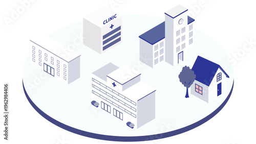 病院やクリニック、学校と住宅が並ぶ地域施設のアイソメトリックイラスト