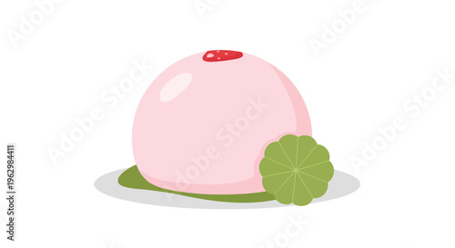 Delicate pastel pink confection embodying sweet simplicity, featuring a vibrant red topping and a fresh green leaf, presented as a charming,