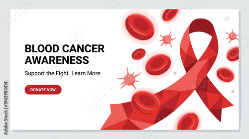 Blood Cancer Awareness Ribbon Red Cells & Cancer Cells Global Health Medical Support Flat Geometric Red White Vector Illustration Banner