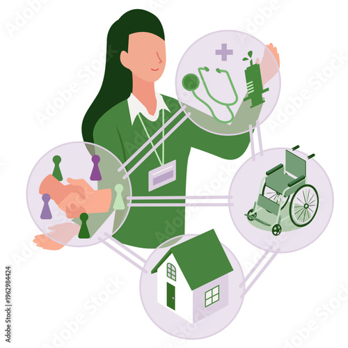 医療・介護・福祉・在宅支援をつなぐ地域連携コーディネーターのイラスト