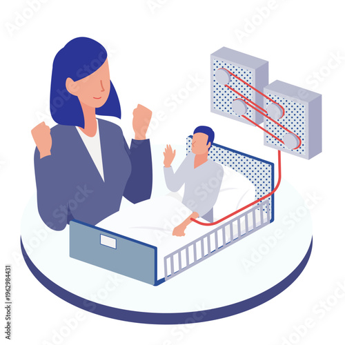 透析治療を受ける患者と支える医療スタッフのイラスト