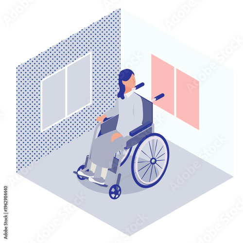 室内で車椅子に座る女性患者のアイソメトリックイラスト