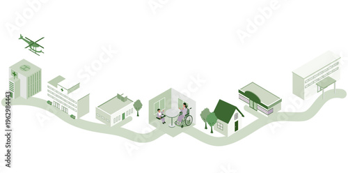 地域医療と在宅ケアの連携イメージ、病院から福祉・在宅支援までをつなぐアイソメトリックイラスト