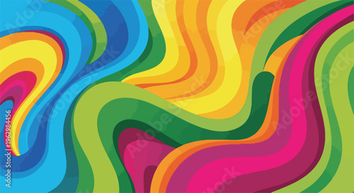 A vibrant abstract composition with flowing, colorful, layered, curved bands