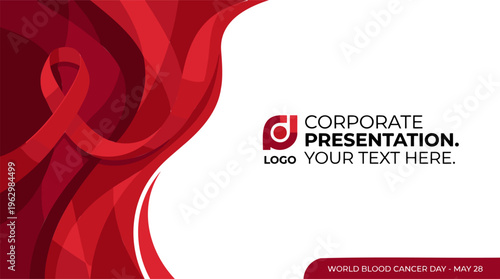 Blood Cancer Awareness Ribbon Red Abstract Waves Presentation Healthcare Medical Support Modern Vector Red White Graphic Background Template Layout