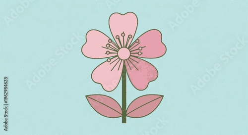 A pink flower with green stem and leaves on a light blue background is a simple yet beautiful floral design element here