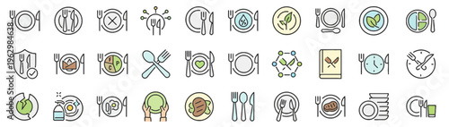 A comprehensive set of modern line icons depicting various aspects of food, dining, restaurant services, and healthy eating, perfect for web and app design