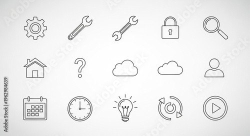 Hand-drawn icons set for web and app design, featuring a variety of symbols.