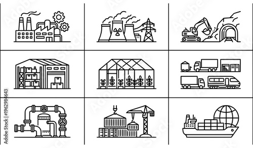 Modern industrial outline icons collection with factory power plant mine and warehouse pixel perfect vector