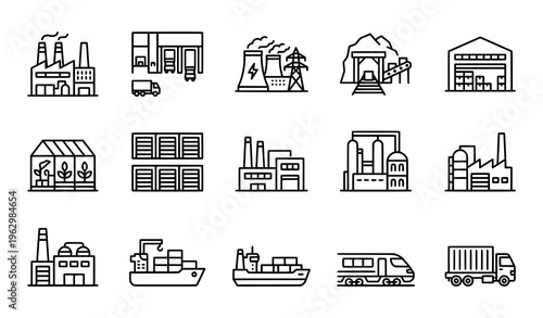 Minimal factory and industrial line icons set with power station mine warehouse editable stroke black and white vector