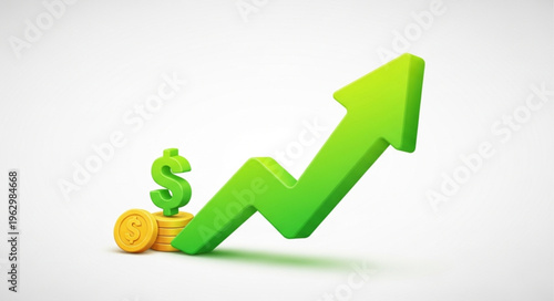 Financial Growth Illustration - Green Arrow Ascending with Dollar Symbol and Coins.