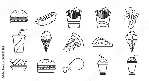 Outlined Fast Food Icons - Burger, Hotdog, Fries, Pizza, and More.