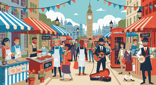 Vibrant illustration of people shopping and socializing at an outdoor market with a classic British telephone booth and Big Ben in the background.