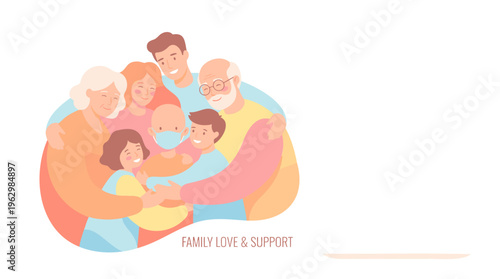 Family supporting child patient hugging young cancer patient Blood Cancer support awareness Flat vector soft pastel colors Healthcare illustration