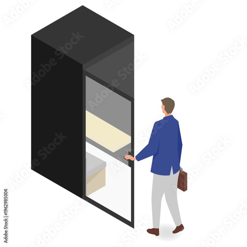 個室ブースを利用するビジネスパーソンのアイソメトリックイラスト