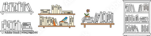 Bookshelf and Book Stack Icons Set with Library Shelves Home Decor Reading Elements Flat Vector Illustration