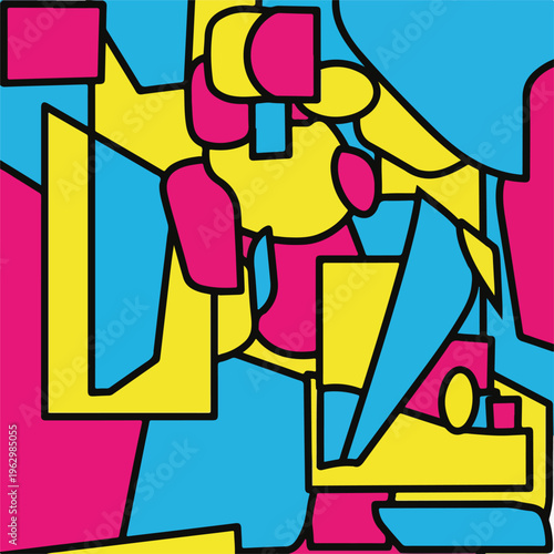 A vibrant abstract composition with geometric shapes in primary colors