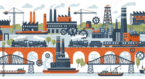 Illustration of a cityscape with industrial buildings, bridges, and boats on a white background, featuring a mix of orange, blue, and gray colors.
