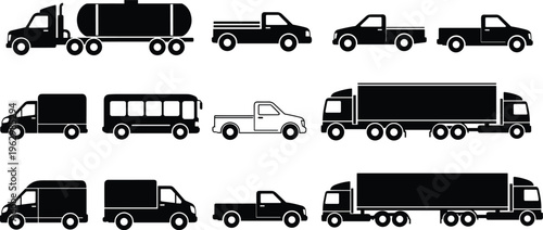Flat vector illustration of commercial vehicles, trucks, vans, buses, pickups, transport icons, silhouette set, logistics, cargo, delivery, fleet