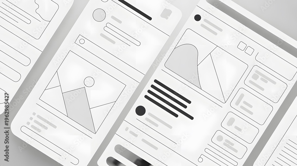 Fototapeta premium Wireframe mobile application screens showing user interface elements in a clean minimal layout