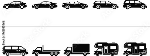 Flat vector illustration of passenger cars, vans, pickup trucks, box trucks, RV motorhomes, silhouettes, transport icons, automotive, fleet, vehicles