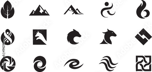 Set of vector fire icons and flame symbols in a modern black circle shape design for web art element illustration