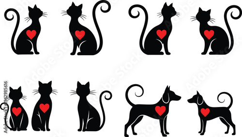 Flat vector illustration pet love silhouettes, cats and dogs with red heart icons, animal affection design, black graphic art