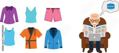 Clothing and Lifestyle Vector Set with Shirts Tank Tops Shorts Robe Jacket and Elderly Man Reading Newspaper Illustration Collection for Fashion and Daily Life Design