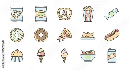 Colorful Junk Food Icons - Chips, Pretzels, Popcorn, Candy, Donuts, Pizza, Hotdog, Ice Cream.