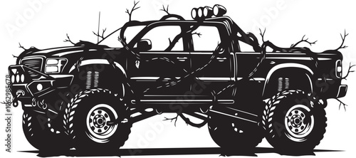 Black pickup truck with tree branches on and around it