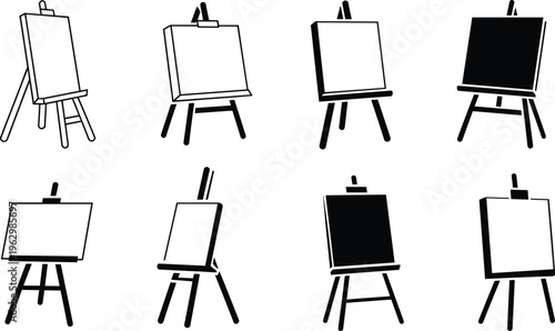 Collection of black easel silhouette icons featuring diverse canvas styles and tripod structures for art, painting, design, creativity, and educational applications