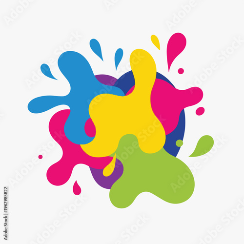 A vibrant abstract design composed of colorful paint splatters