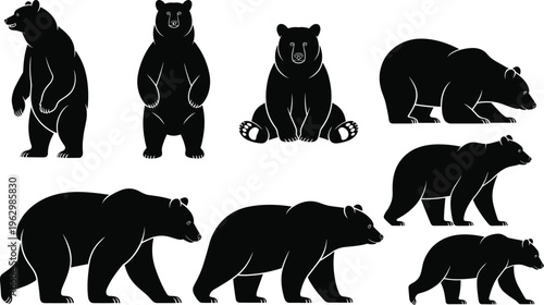 Collection of black bear silhouette icons showing diverse animal poses including standing, sitting, walking, and searching movements for wildlife, nature, and design applications