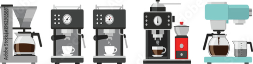 Coffee Machine Set with Espresso Makers Drip Brewer Grinder and Barista Equipment Flat Vector Illustration