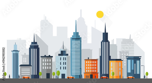 Modern cityscape illustration featuring skyscrapers and buildings under sunlight