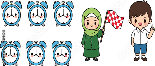 Cute Alarm Clock Characters and Kids Set with School Children Flag and Time Concept Flat Vector Illustration