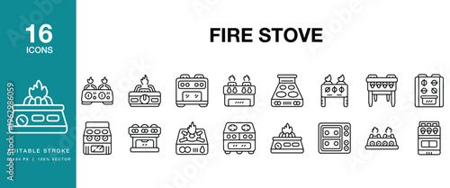 Fire Stove icon set. Includes stove, fire, burner, cooking, kitchen, appliance and More. Editable Stroke Icon Collection.