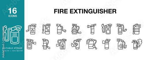 Fire Extinguisher icon set. Includes fire, extinguisher, safety, emergency, rescue and More. Editable Stroke Icon Collection.