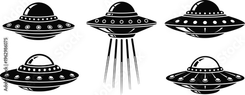 Flat vector illustration UFO set, flying saucer silhouettes, alien spacecraft icons, sci-fi extraterrestrial beam designs, black and white art