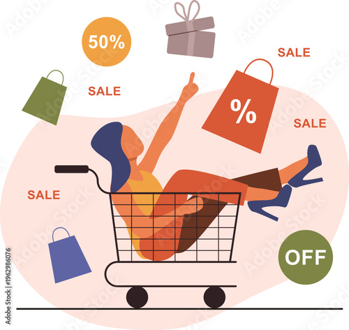 Shopping spree with discounts, deals, and people happily buying items from a sale cart overflowing with goods