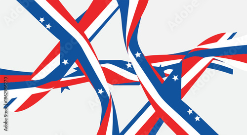 A vibrant abstract design of flowing ribbons in red, white, blue, with stars
