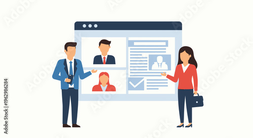 People reviewing online profile and resume vector illustration on white