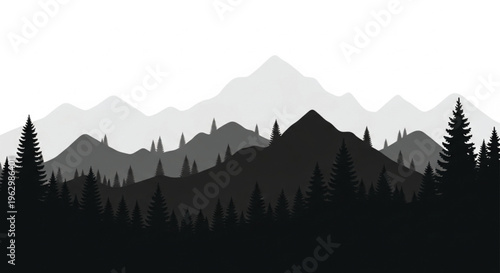 A misty forest valley at sunrise reveals a silhouette of mountain peaks under a glowing sky with fog rolling over the snowy hills